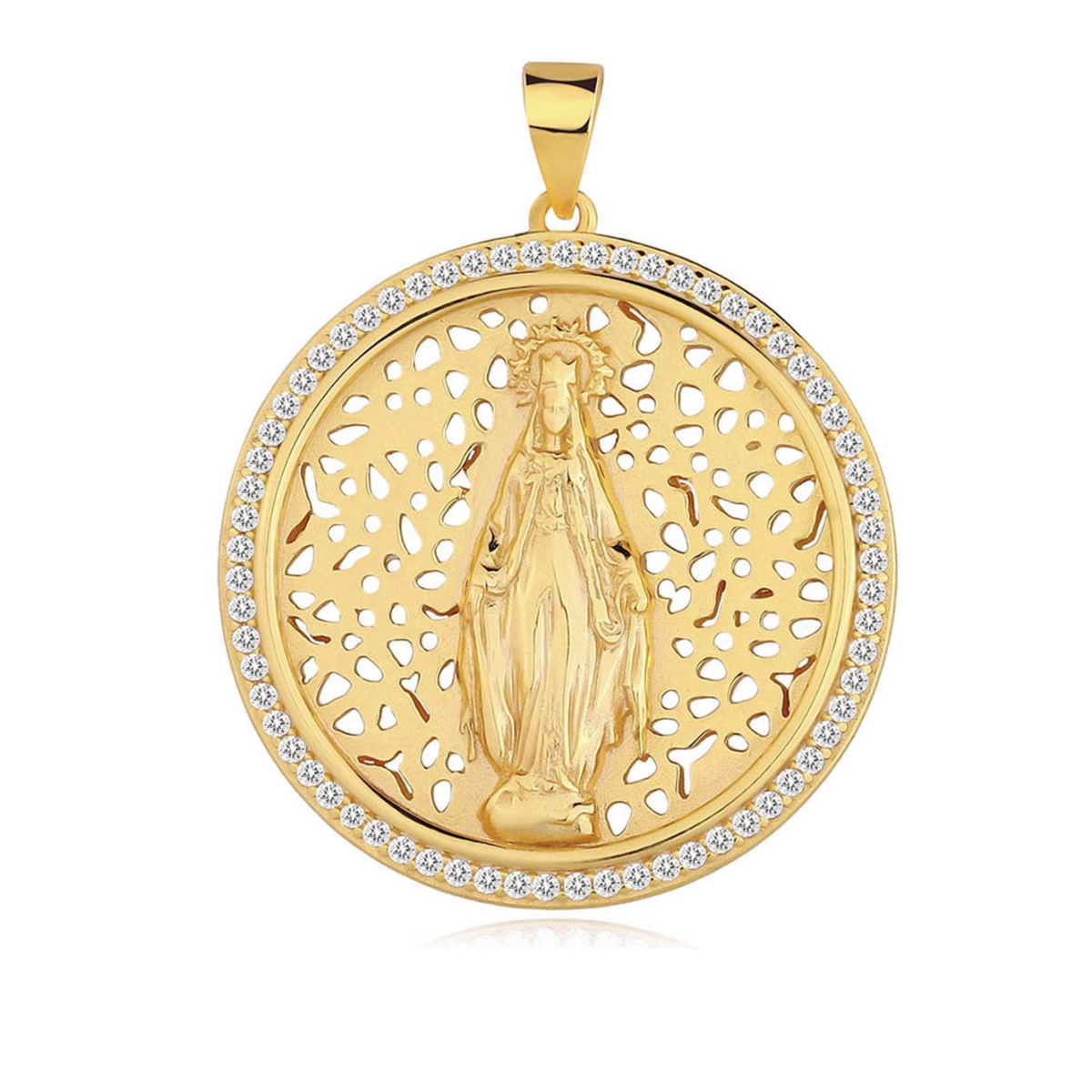 Medalla de la Virgen Milagrosa de plata bañada en oro calada con cerco de circonitas, de 28 mm de diámetro, sobre fondo blanco.
