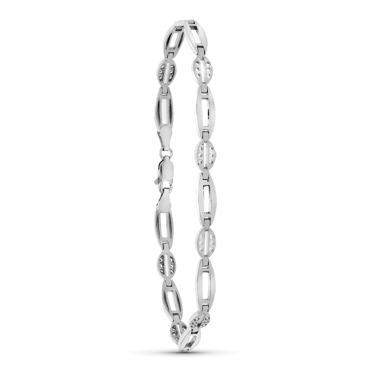 Pulsera de oro blanco 18k con eslabones en acabado mate y brillo con circonitas