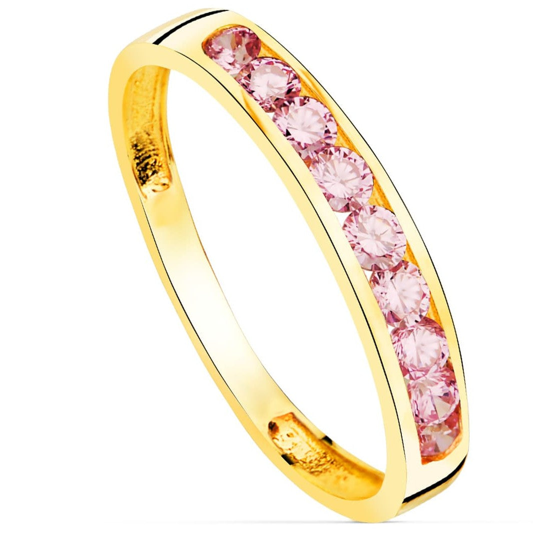 Anillo oro circonitas rosa carril ancha