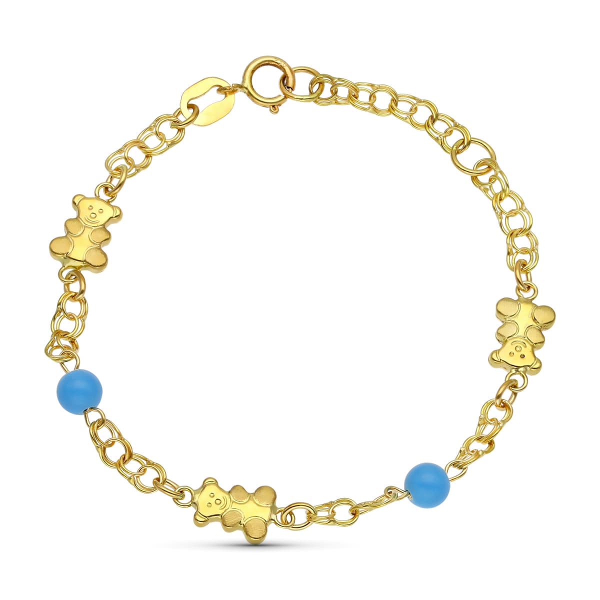 Pulsera de oro 18k para bebé, con ositos y turquesas, 14cm
