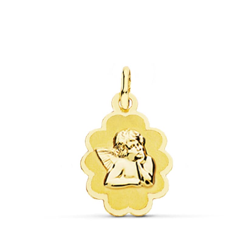 Medalla de oro 18k de ángel burlón grabado al láser, 18x12 mm, sobre fondo blanco