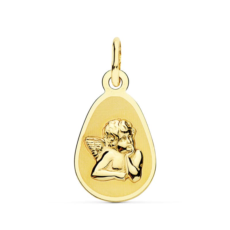 Medalla de oro 18k de ángel burlón, 17x10 mm, sobre fondo blanco