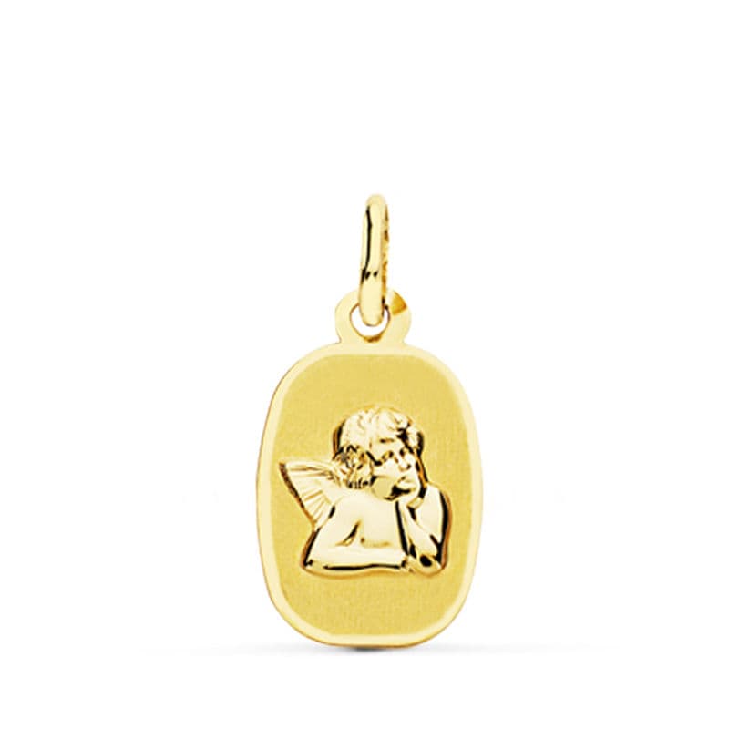 Medalla de oro 18k de angelito burlón, 17x10 mm, sobre fondo blanco