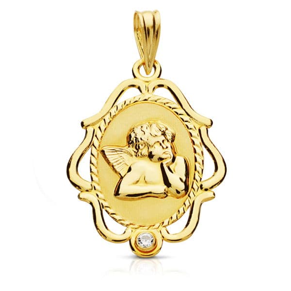Medalla de oro 18k de ángel con cerco, 24x17 mm, sobre fondo blanco