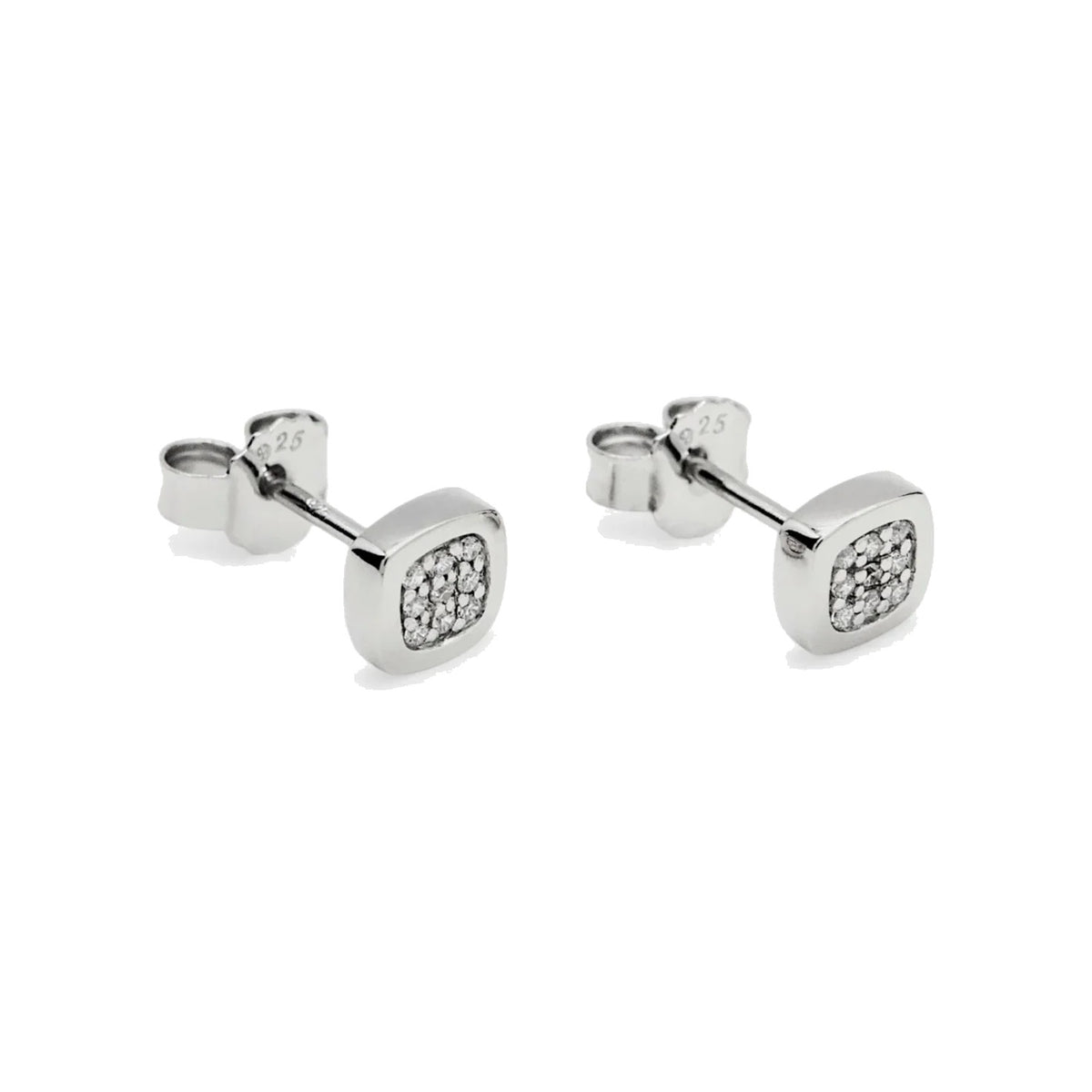 Pendientes pequeños de plata de ley 925 de diseño cuadrado con circonitas blancas, 6mm x 6mm x 2mm.