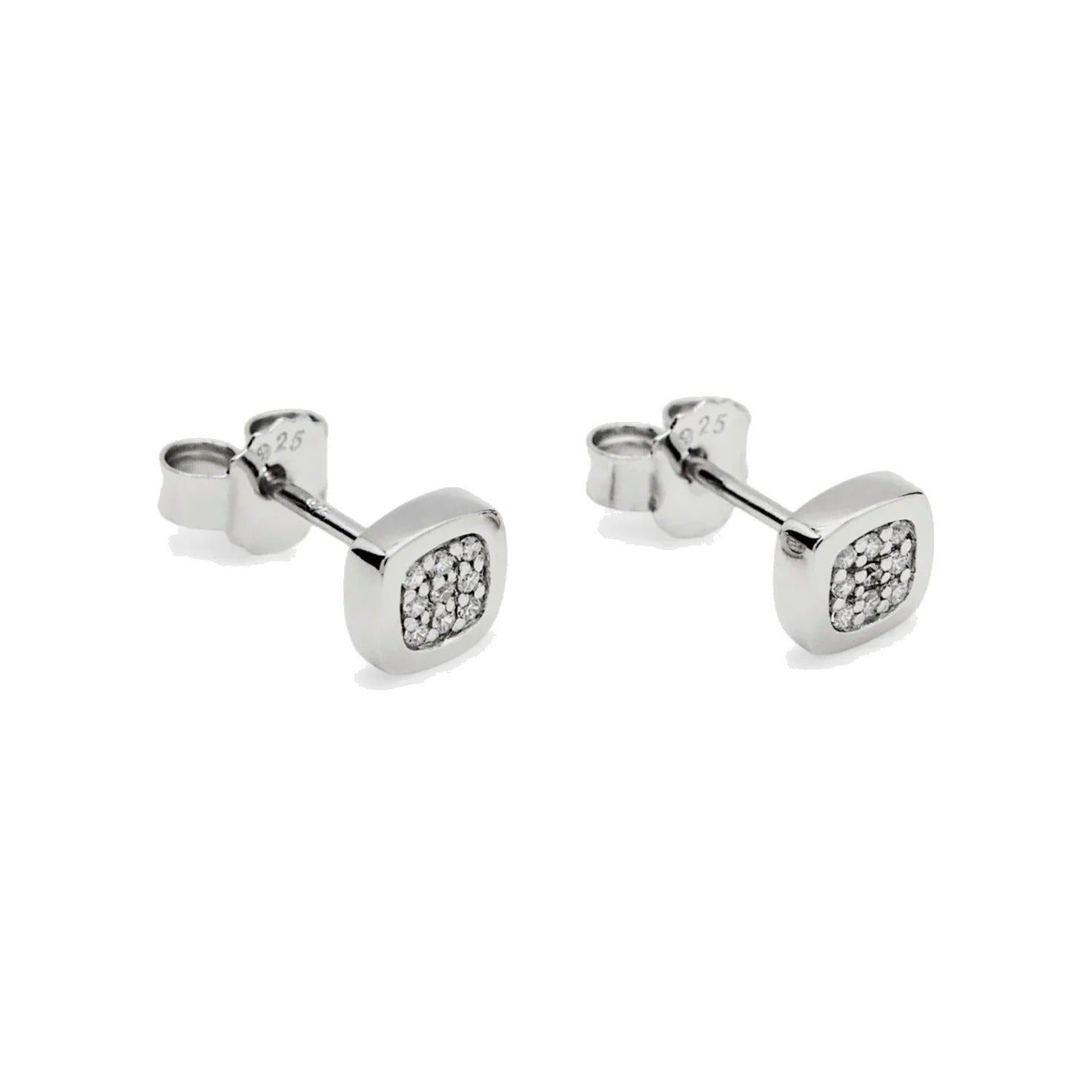 Pendientes pequeños de plata de ley 925 de diseño cuadrado con circonitas blancas, 6mm x 6mm x 2mm.
