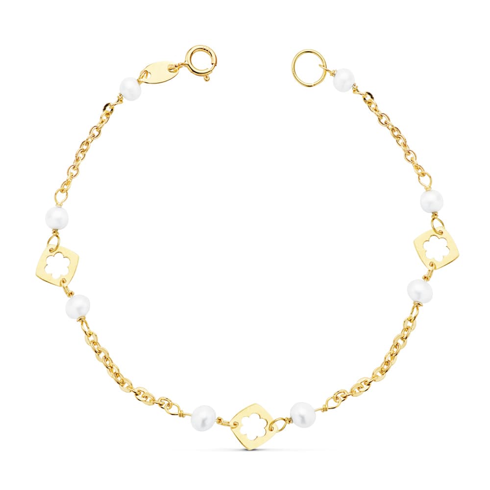 Pulsera de comunión de oro 18k con perlas, 15,5cm
