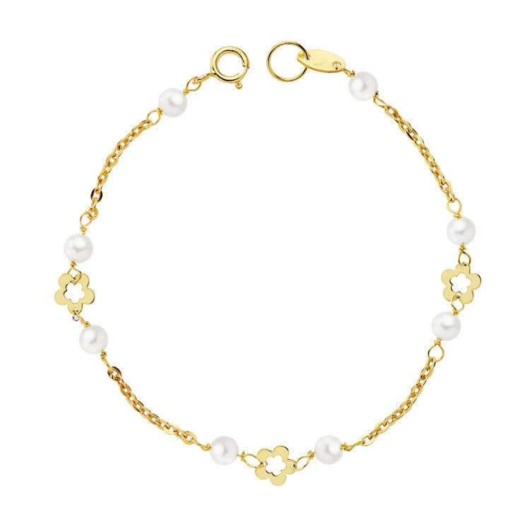 Pulsera de oro 18k para bebé, con perlas y flores, 12cm
