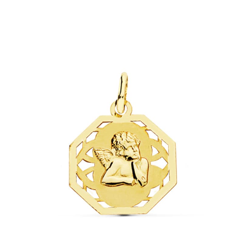 Medalla de oro 18k calada con angelito burlón, 17x14 mm, sobre fondo blanco