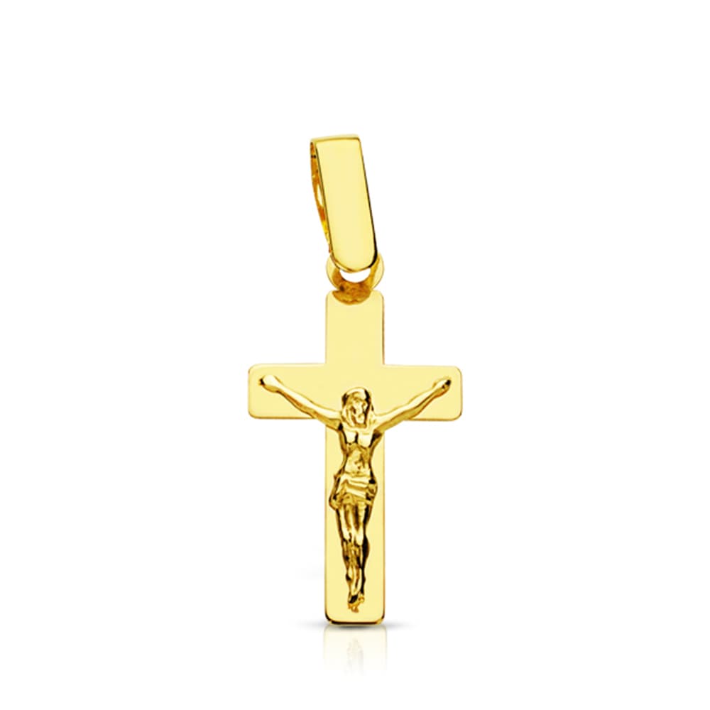 Crucifijo plano de oro de 18 quilates, de 19 mm de alto y 11 mm de ancho