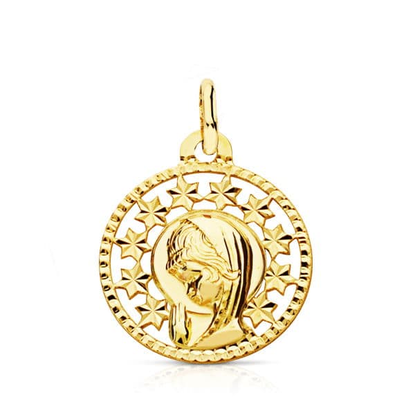 Medalla de la Virgen en oro de ley 9k con el cerco calado, 19x16 mm