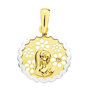 18K MEDALLA VIRGEN NIÑA BICOLOR 15 MM CIRCONITA