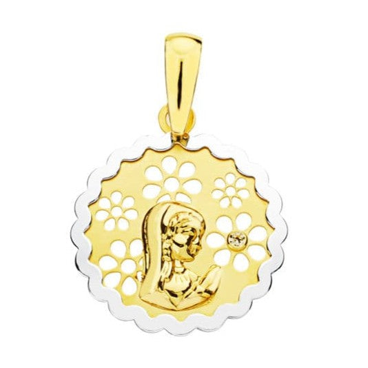 18K MEDALLA VIRGEN NIÑA BICOLOR 15 MM CIRCONITA