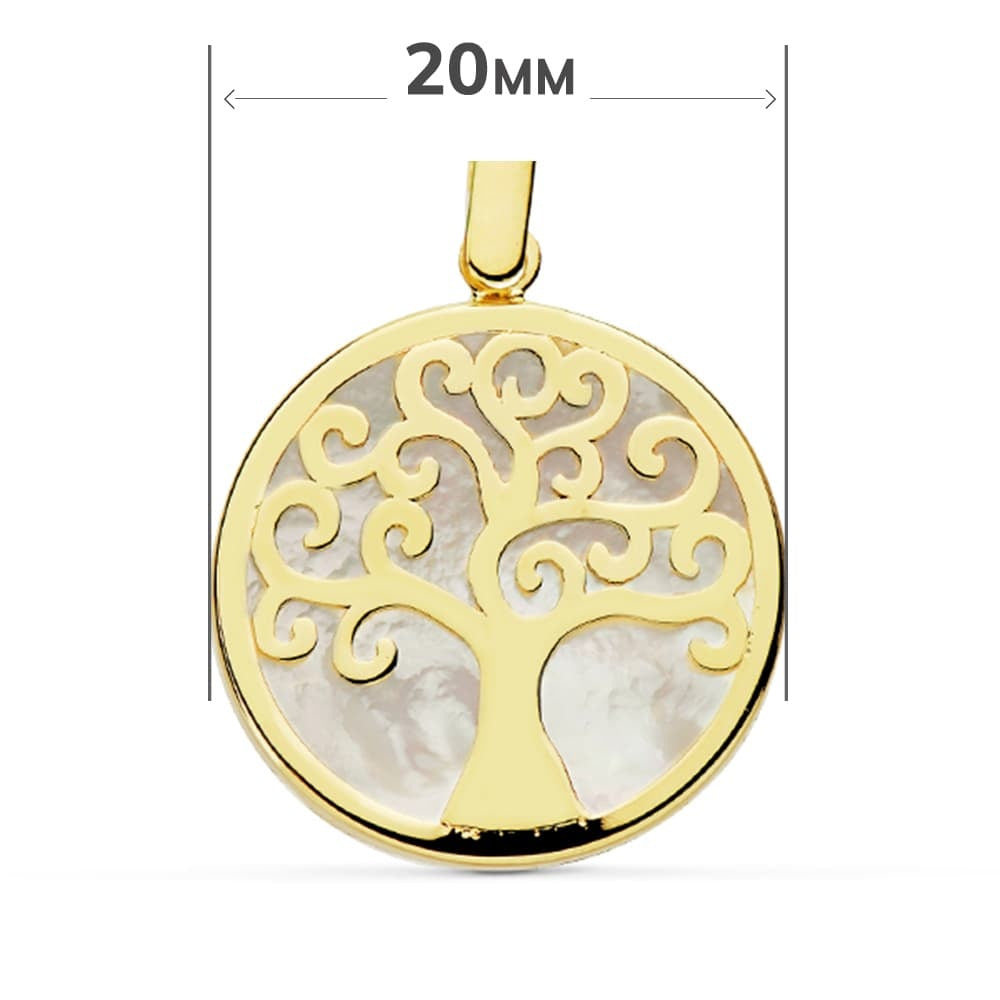 Colgante de oro de ley 18k en forma de árbol de la vida con fondo en nácar medida
