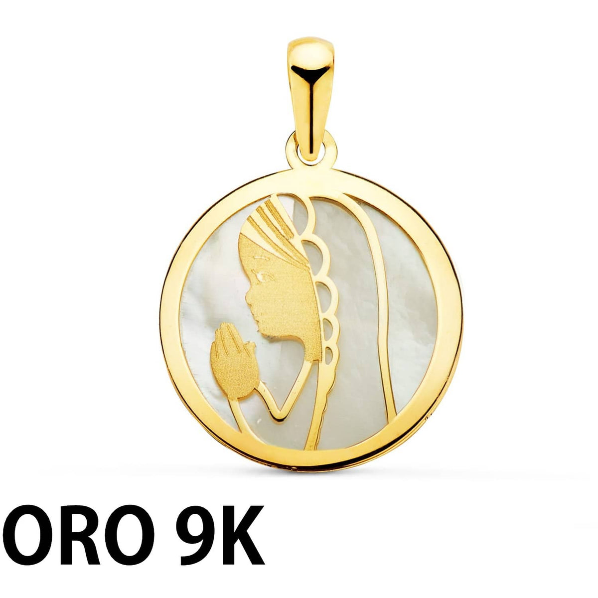 Colgante de oro 9 quilates medalla virgen con nácar