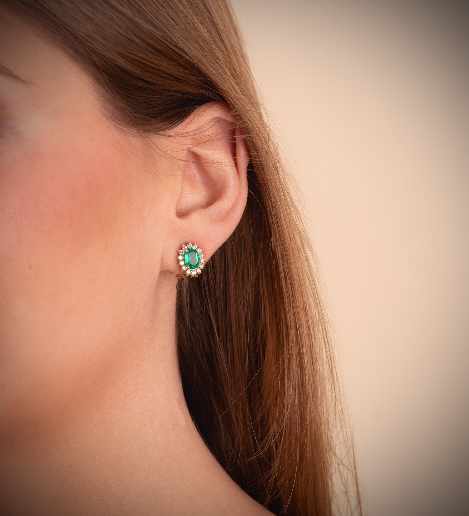18k emerald omega diamond earrings