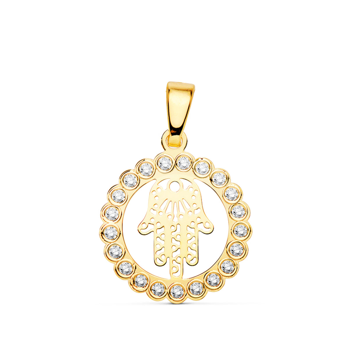 Mano de Fátima con circonita en oro de ley 18k de 14 mm