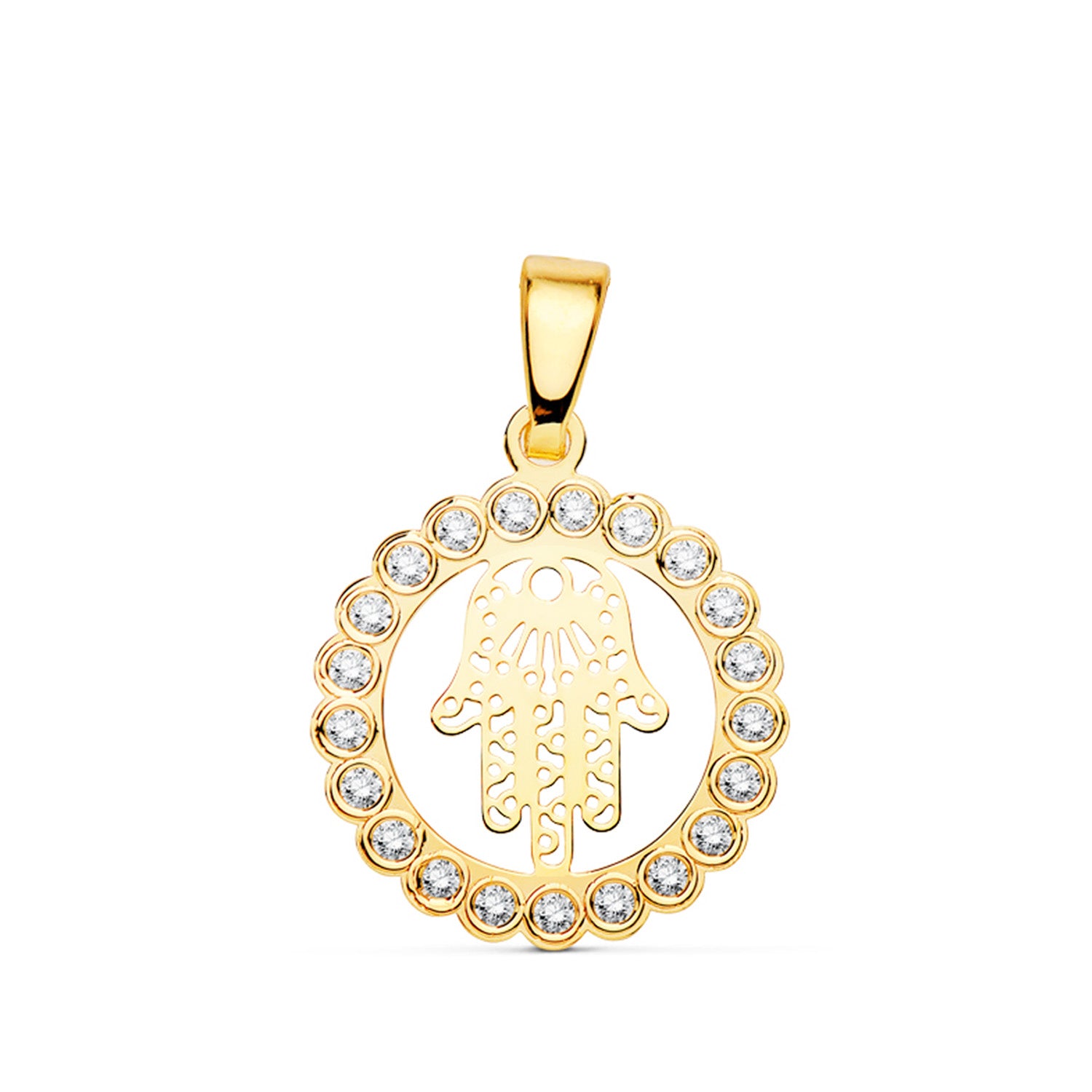 Mano de Fátima con circonita en oro de ley 18k de 14 mm