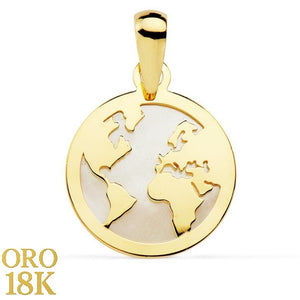 Colgante oro de primera ley 18k en forma de mapamundi con fondo de nácar