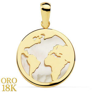 Colgante oro de primera ley 18k en forma de mapamundi con fondo de nácar 