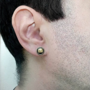 18K PENDIENTES ORO MEDUSA Y BORDE DE GRECA CON ESMALTADO NEGRO 12 MM