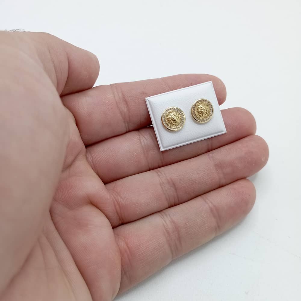 18K PENDIENTES ORO MEDUSA Y BORDE DE CIRCONITAS Y GRECA DETALLE