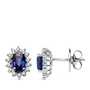 18K PENDIENTES ORO BLANCO ZAFIRO 6X4 MM 1,24 QT. DIAMANTES 0,28 QTS. SI-H