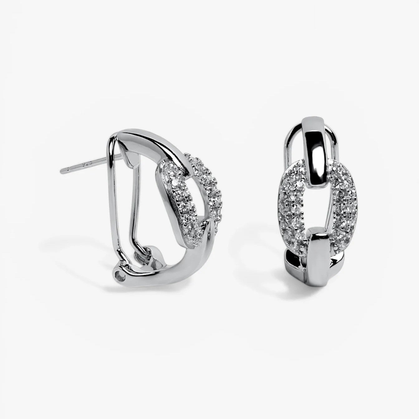 Pendientes de plata de ley 925 con cierre omega, diseño de eslabones y circonitas blancas, 21mm x 10mm x 3mm.
