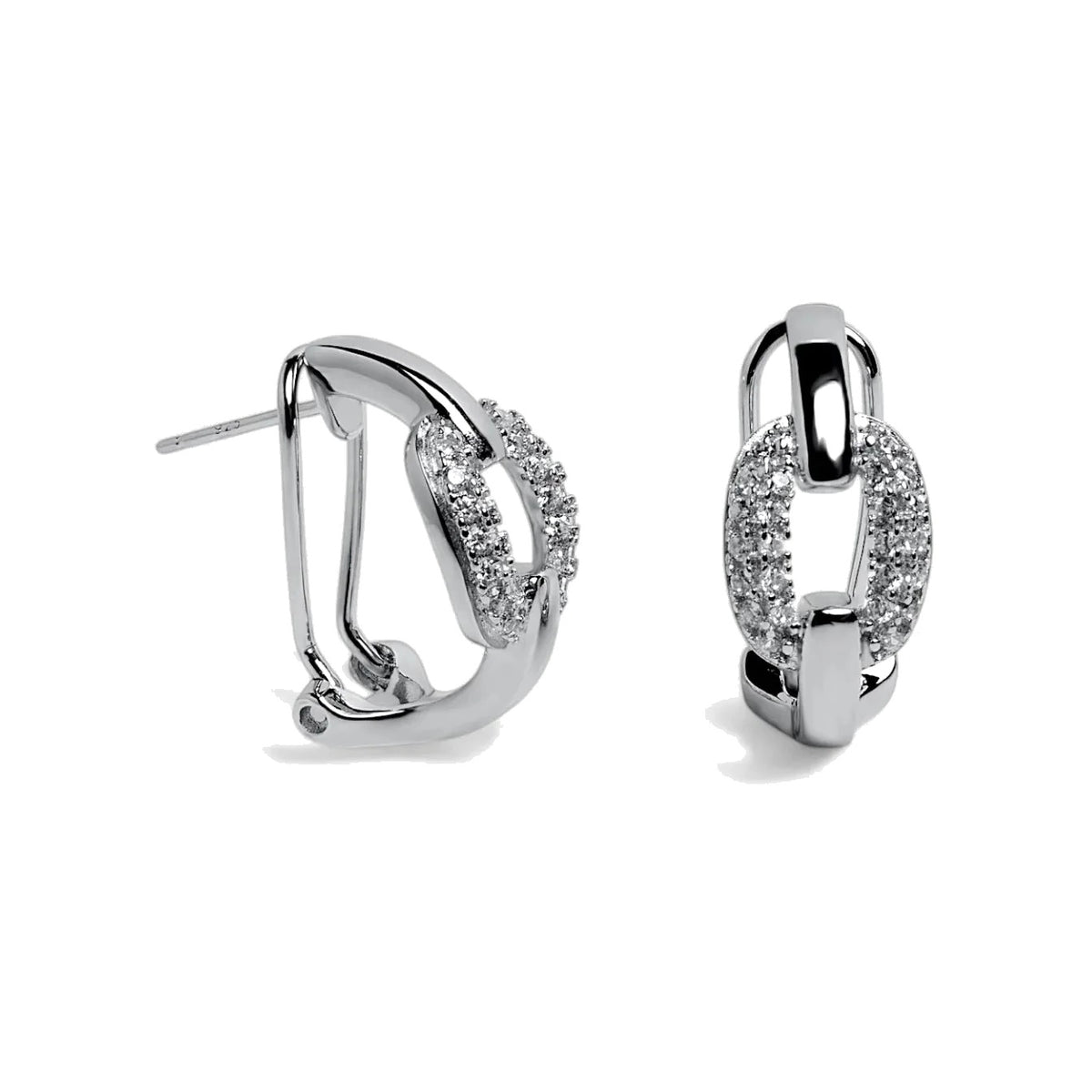 Pendientes de plata de ley 925 con cierre omega, diseño de eslabones y circonitas blancas, 21mm x 10mm x 3mm.