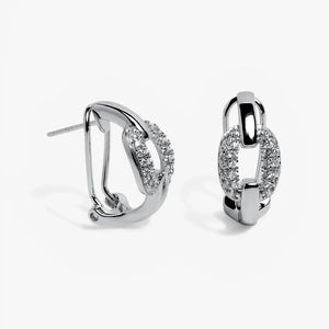 Pendientes de plata de ley 925 con cierre omega, diseño de eslabones y circonitas blancas, 21mm x 10mm x 3mm.
