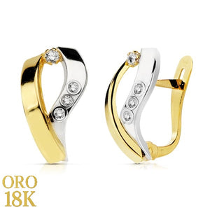 Par de pendientes de oro de ley 18k cierre catalán, con bandas bicolor y circonitas