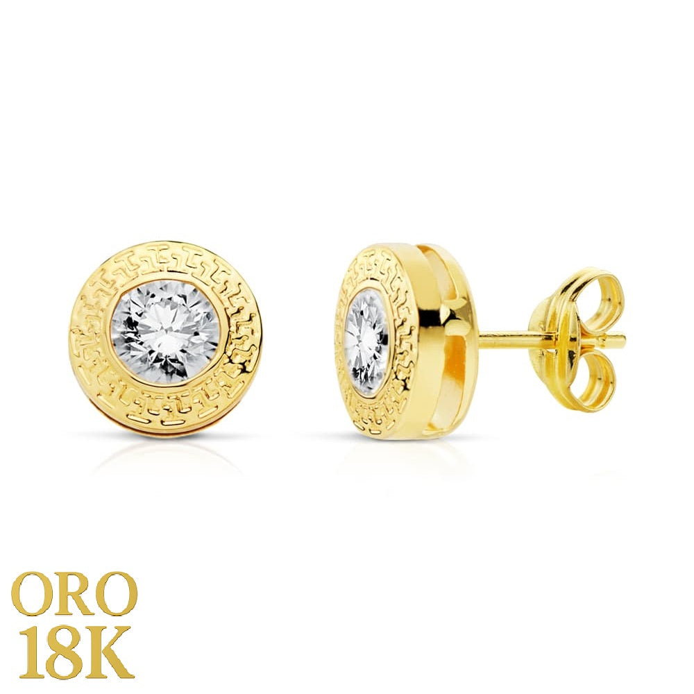 Par de pendientes de oro de ley 18k chatón con greca y circonita, miden 7mm