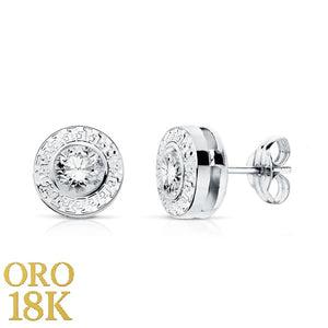 Par de pendientes de oro blanco 18k chatón con greca y circonita, miden 7mm