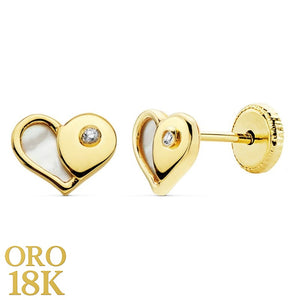 Par de pendientes oro de ley 18k con nácar en forma de corazón