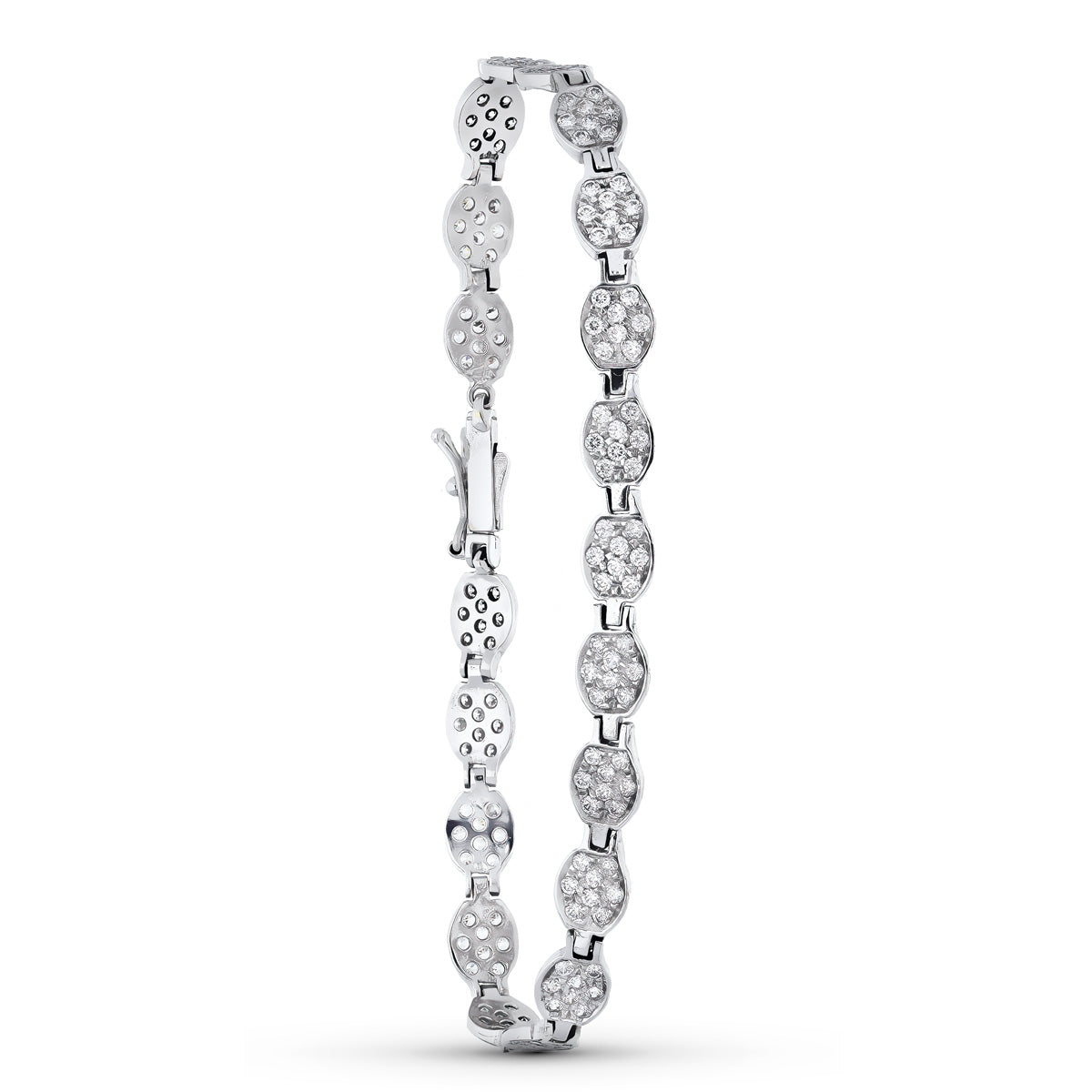 Pulsera de oro blanco 18k tipo tenis con eslabones ovalados cubiertos de circonitas