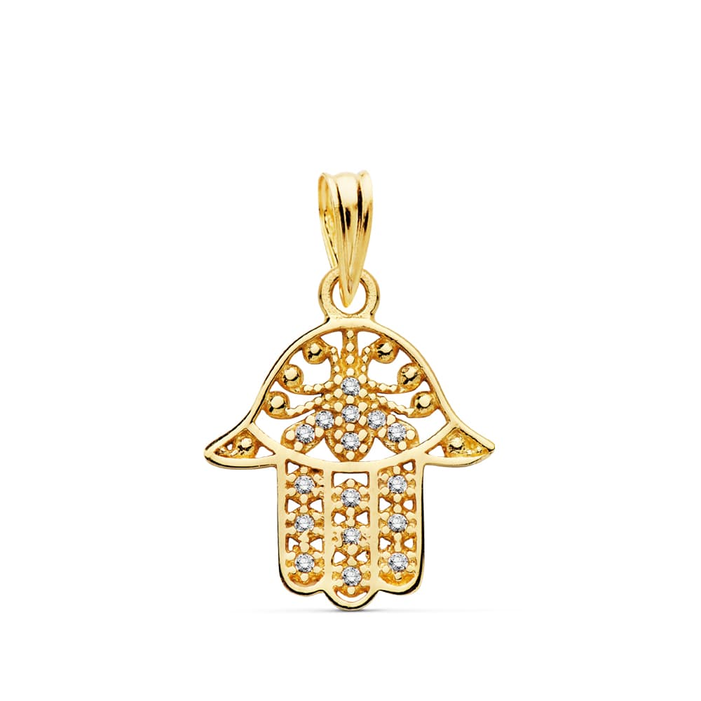 Colgante de mano de Fátima con circonitas en oro de ley 18k de 14x14 mm