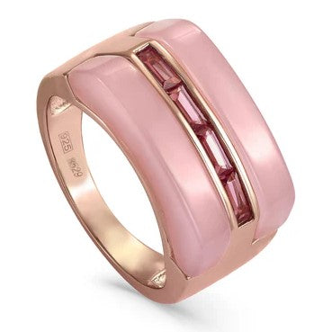 Anillo circonitas de plata de ley con resina rosa y circonitas