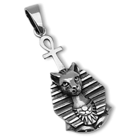 Colgante de plata de ley gato egipcio faraón y cruz de la vida