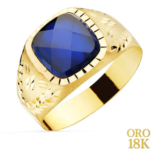 18K SELLO DE ORO AMARILLO CABALLERO CON PIEDRA ZAFIRO SPINEL 9X9 MM LATERAL TALLADO