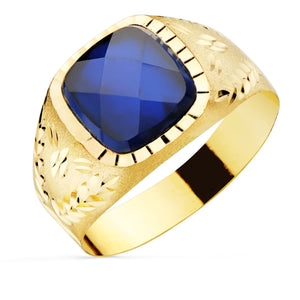 Anillo sello de oro de 9 quilates con piedra azul de 9x9 milímetros
