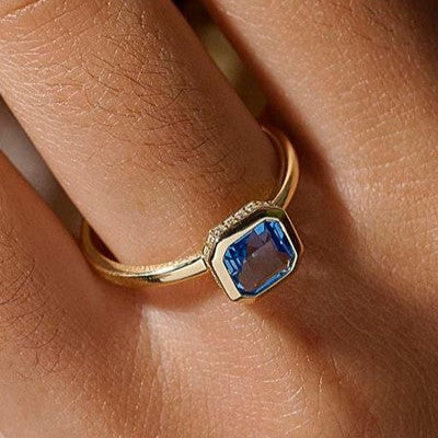 Anillo circonitas de plata de ley 925 chapada en oro piedra azul dedo