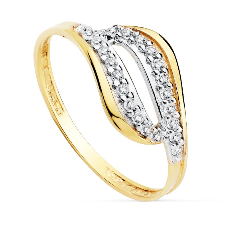 Anillo circonitas bicolor en oro 18k