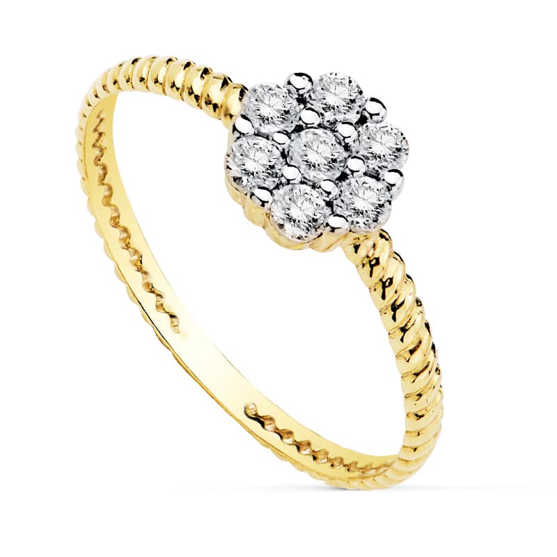 Anillo oro bicolor 18k cuajo de circonitas 6x6 mm