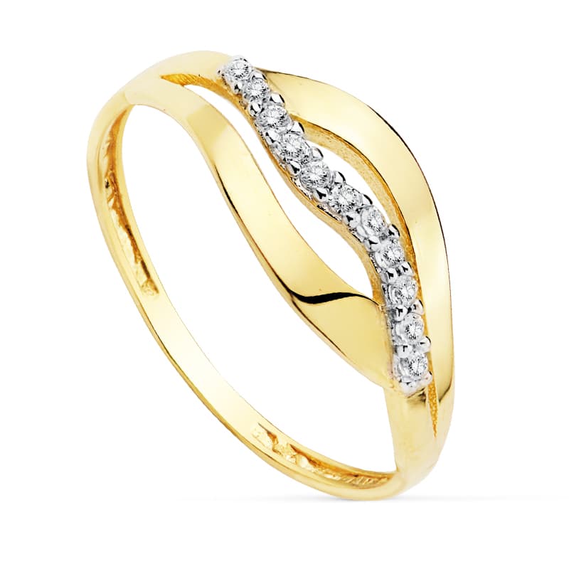 Anillo circonitas oro bicolor 18k, ancho 8 mm