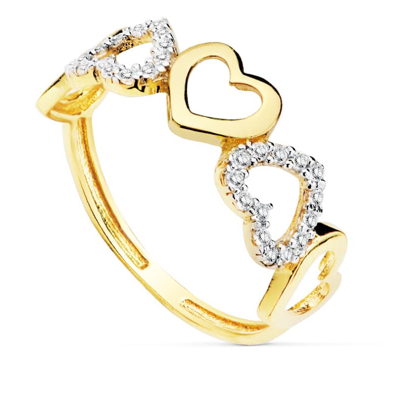 Anillo cinco corazones oro 18k bicolor con circonitas