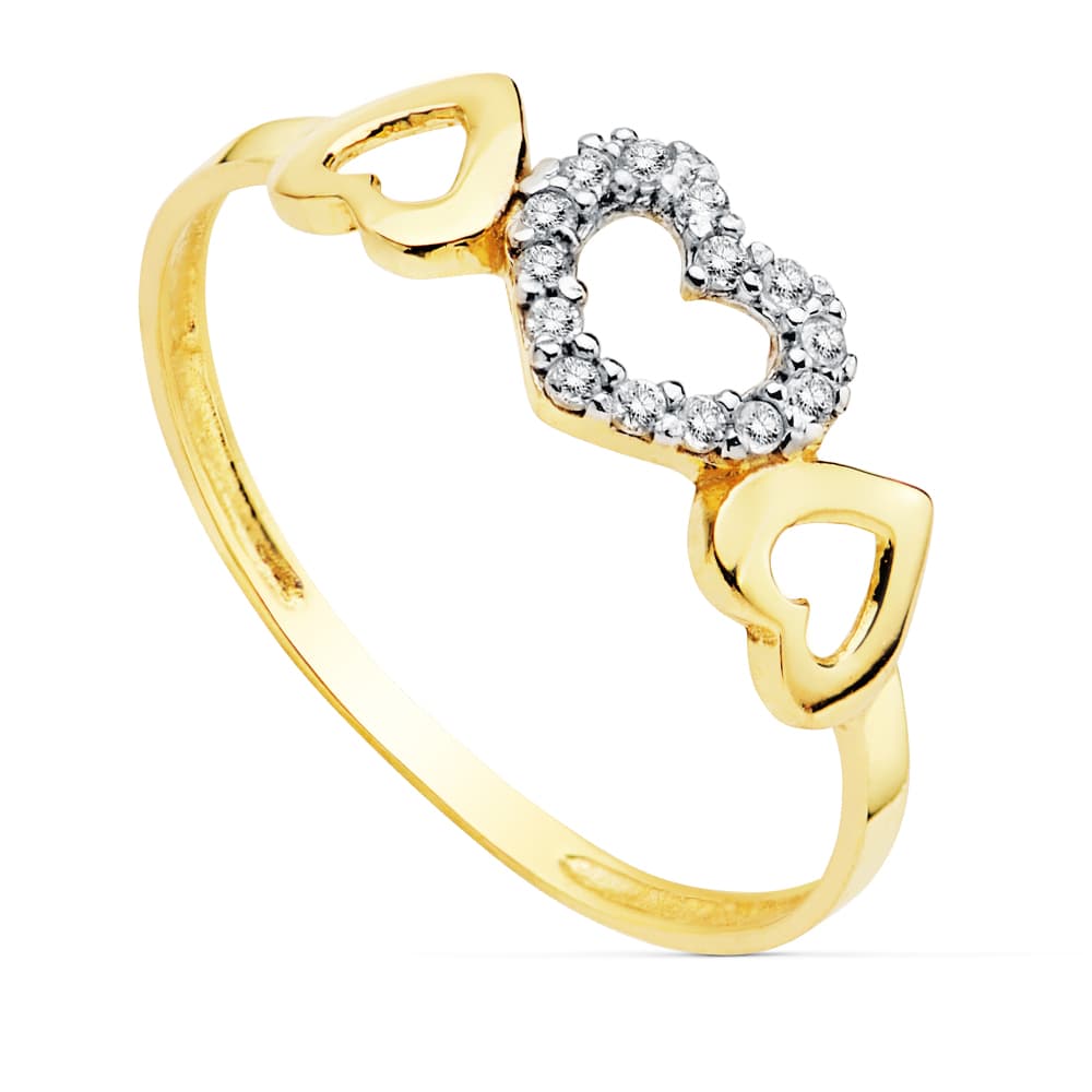 Anillo tres corazones y circonitas oro bicolor 18k