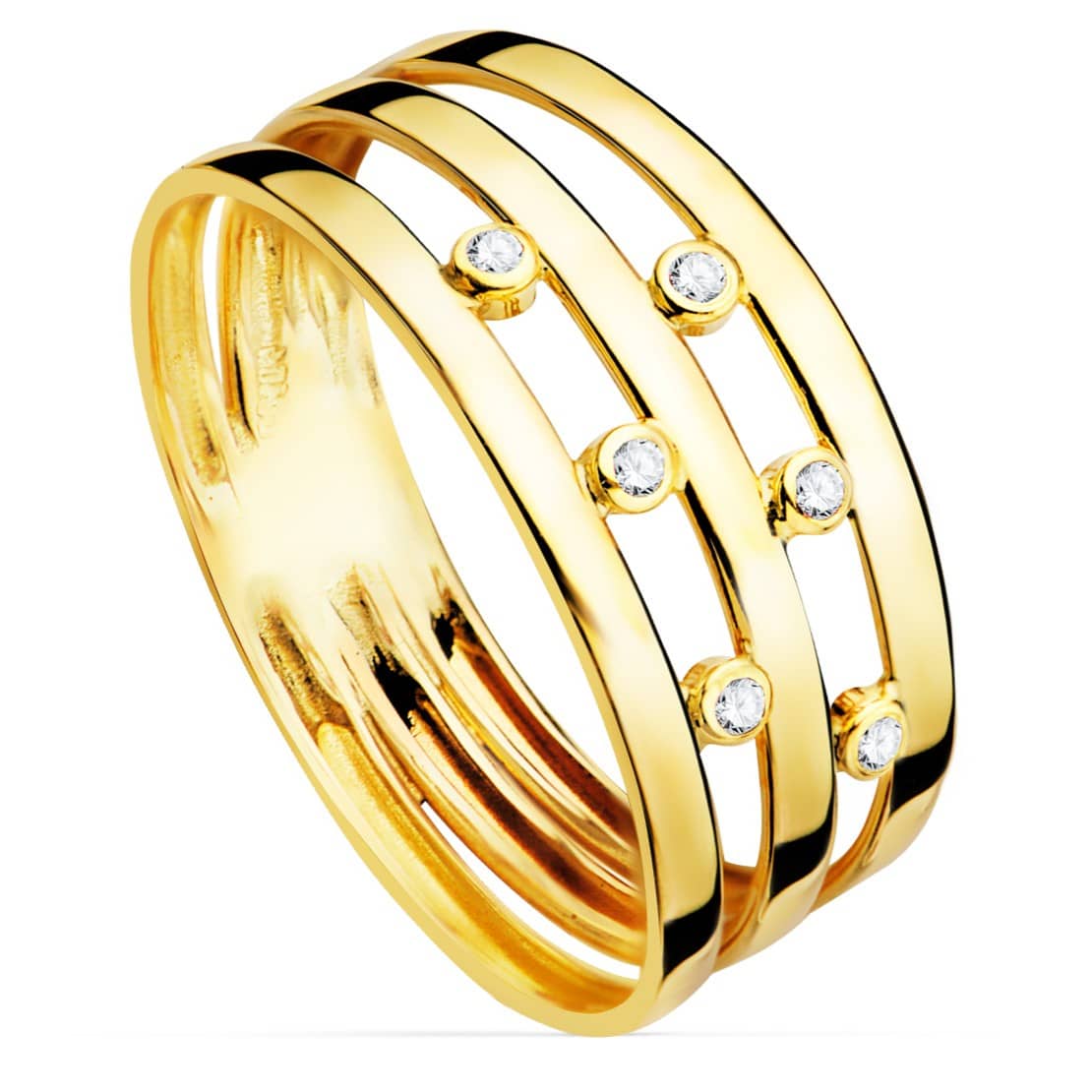 Anillo de oro 18k con tres bandas con circonitas intercaladas