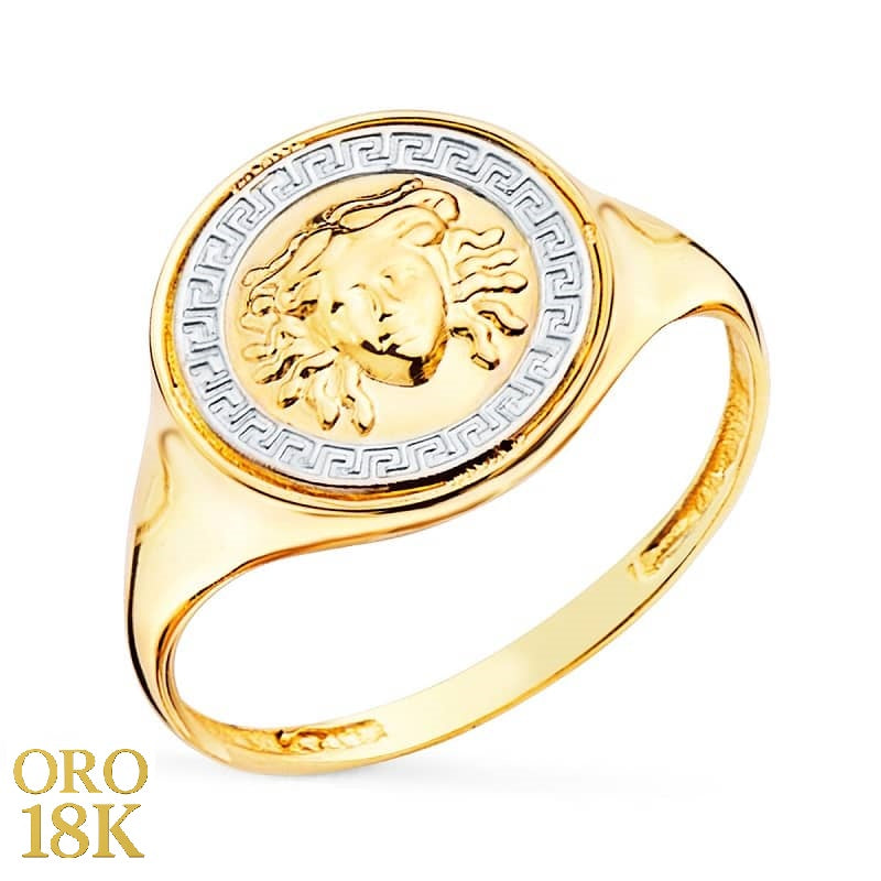 Anillo oro 18k tipo sello redondo con medusa greca en oro 18k