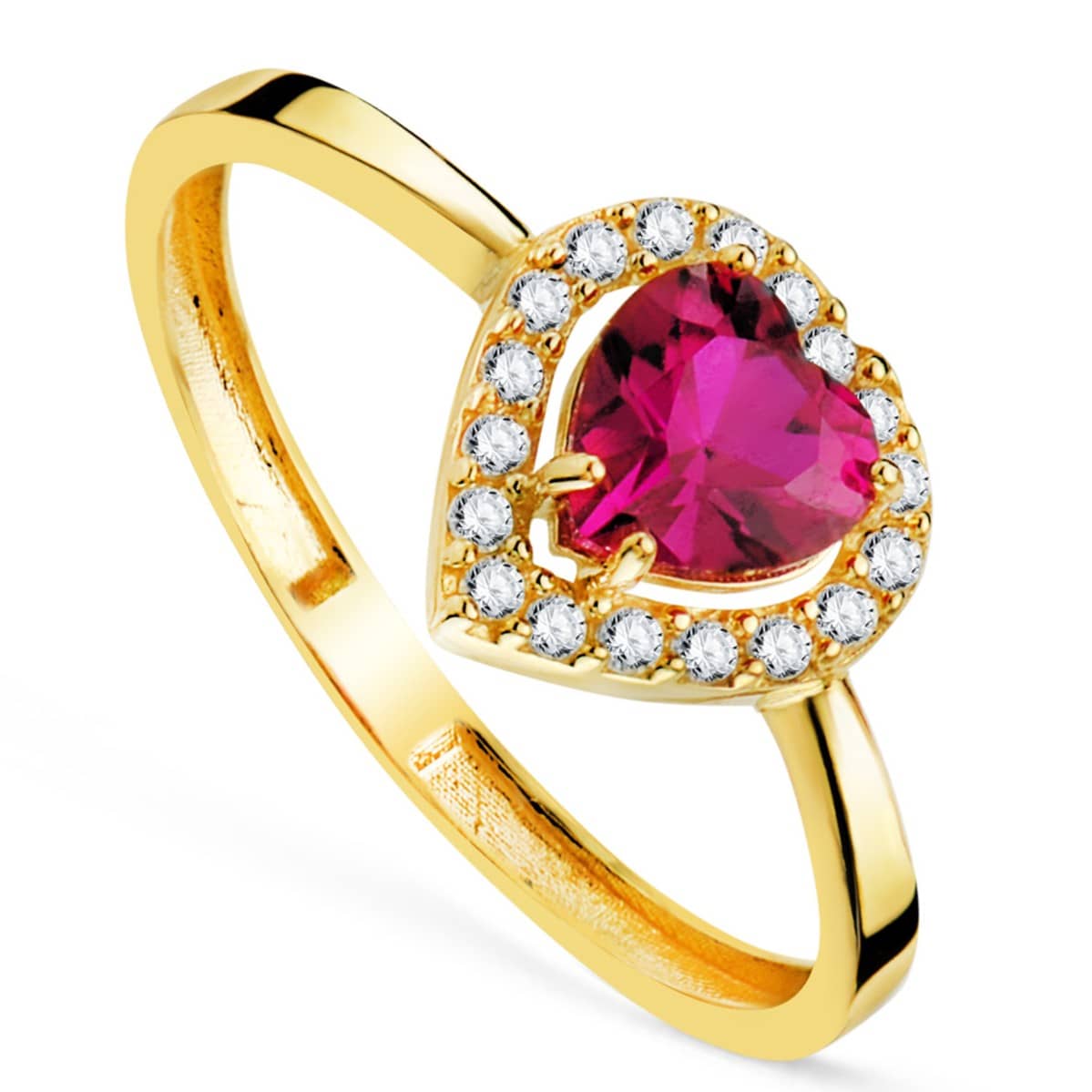 Anillo de oro 18k con corazón en circonita roja y circonitas blancas