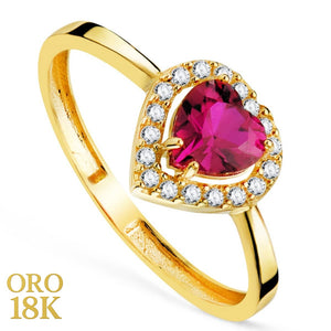 Anillo oro 18k con corazón en circonita roja y circonitas blancas